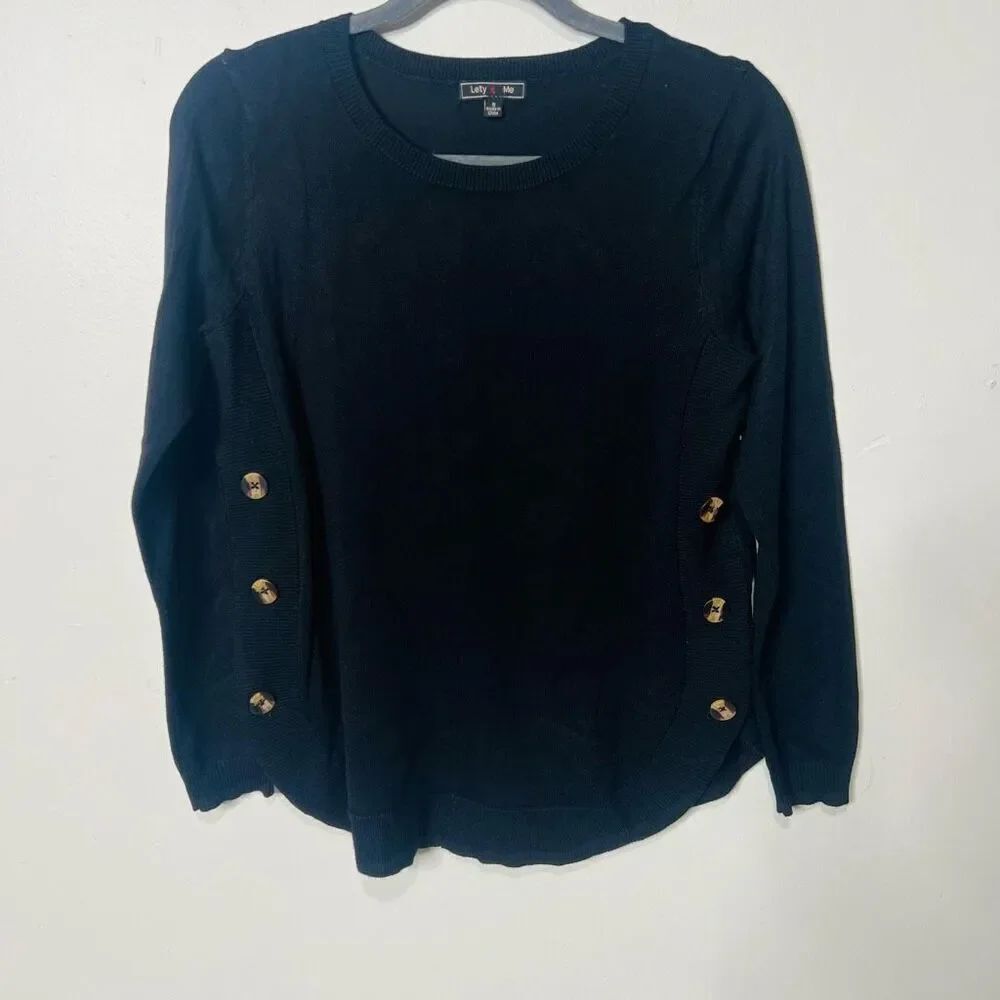 Lety & Me Black Sweater Brown Buttons Down the Sides Sz S